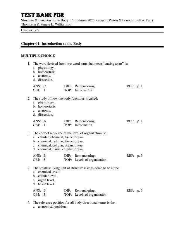 Test Bank For Structure & Function of the Body 17th Edition by 2025 Kevin T. Patton & Frank B. Bell & Terry Thompson & Peggie L. Williamson Chapter 1-22.pdf