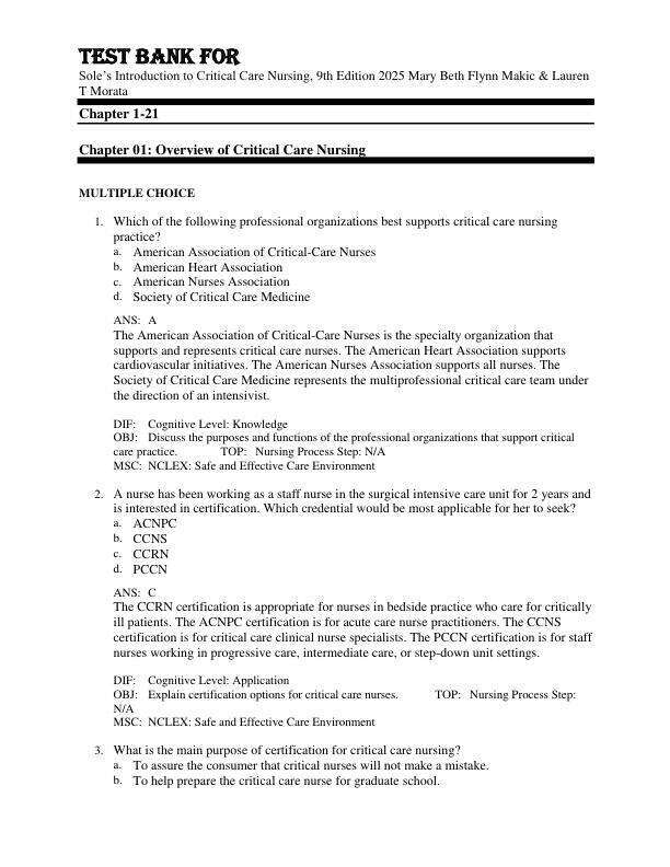 Test Bank For Sole’s Introduction to Critical Care Nursing, 9th Edition by 2025 Mary Beth Flynn Makic & Lauren T Morata Chapter 1-21.pdf