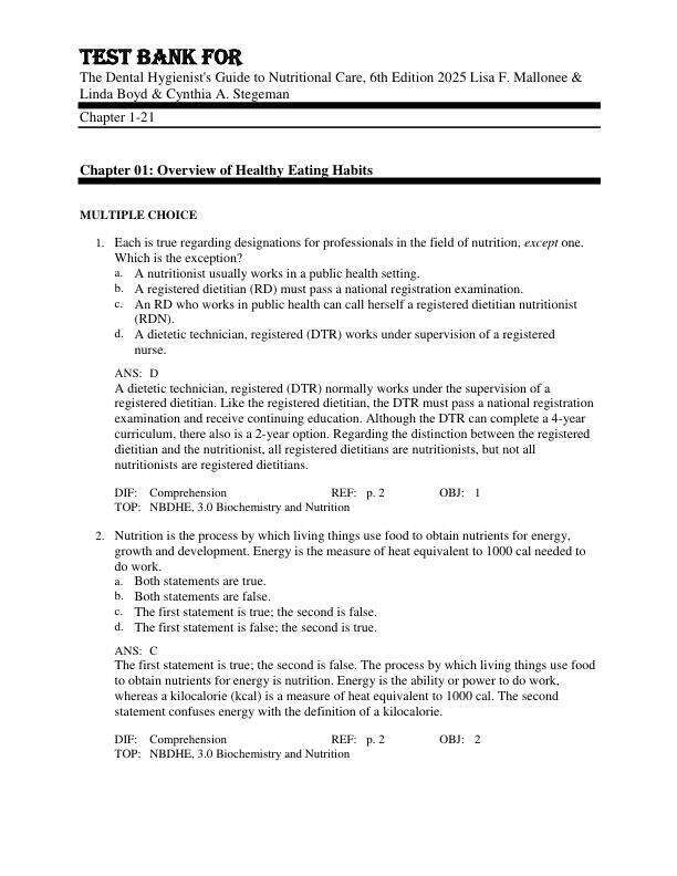 Test Bank For The Dental Hygienist's Guide to Nutritional Care, 6th Edition by 2025 Lisa F. Mallonee & Linda Boyd & Cynthia A. Stegeman Chapter 1-21.pdf