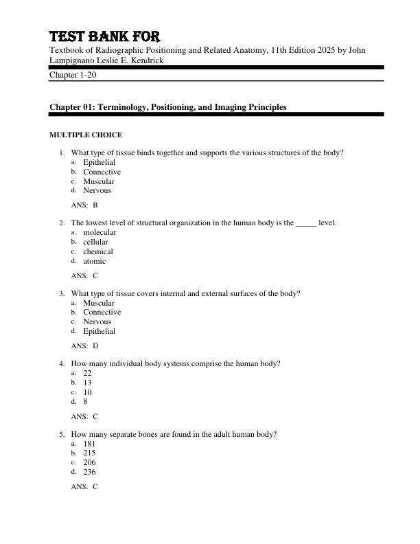 Test Bank For Textbook of Radiographic Positioning and Related Anatomy, 11th Edition by 2025 by John Lampignano Leslie E. Kendrick Chapter 1-20.pdf