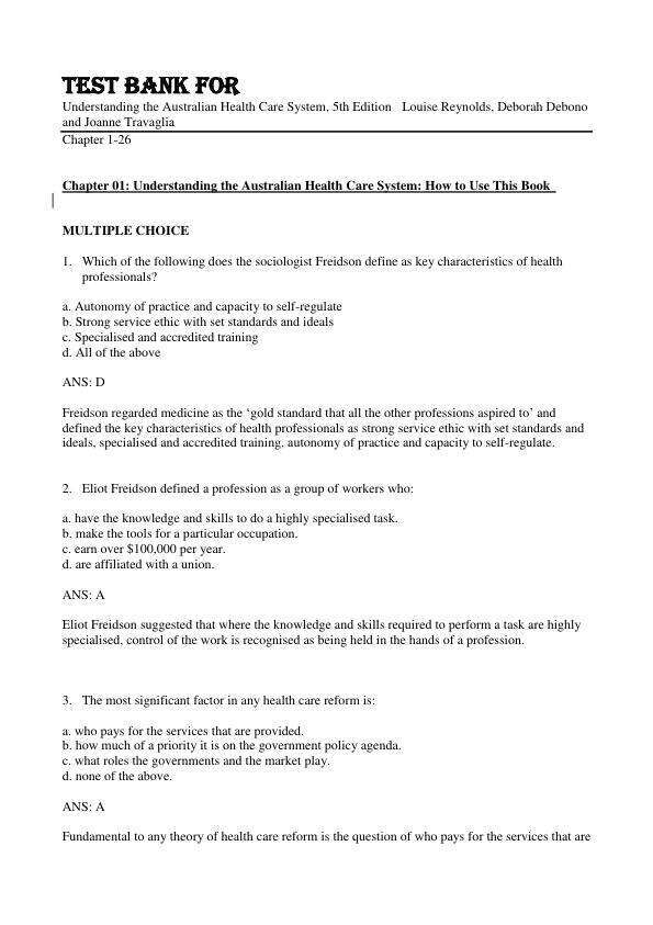 Test Bank For Understanding the Australian Health Care System, 5th Edition by 2024 Louise Reynolds, Deborah Debono and Joanne Travaglia Chapter 1-28.pdf