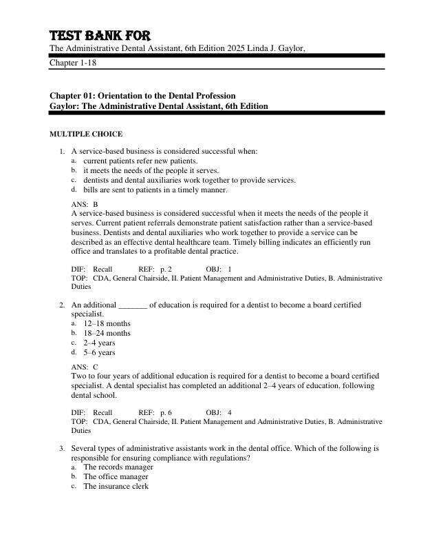 Test Bank The Administrative Dental Assistant, 6th Edition by 2025 Linda J. Gaylor, Chapter 1-18.pdf