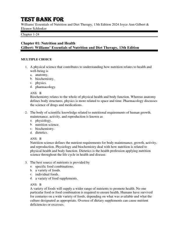 Test Bank For Williams' Essentials of Nutrition and Diet Therapy, 13th Edition by 2024 Joyce Ann Gilbert & Eleanor Schlenker Chapter 1-24.pdf