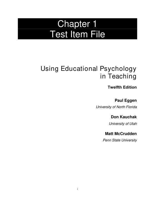 Test Bank For Using Educational Psychology in Teaching, 2025 12th Edition by Paul Eggen Don Kauchak Matthew McCrudden Chapter 1-15.pdf