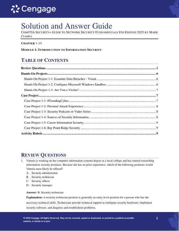 Solution and Answer Guide CompTIA Security+ Guide to Network Security Fundamentals 8th Edition 2025 by Mark Ciampa Chapter 1-15.pdf