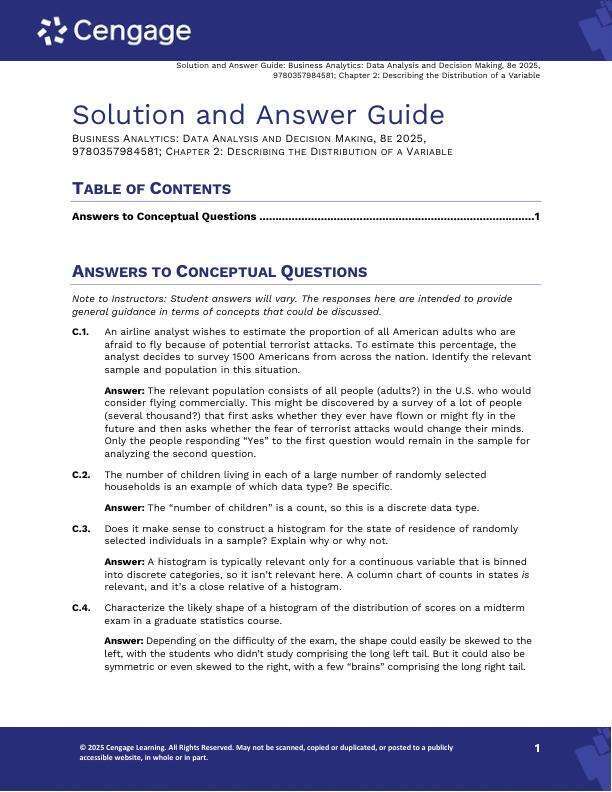 Solution and Answers Guide For Business Analytics Data Analysis & Decision Making 8th Edition 2025 by S. Christian Albright, Wayne L. Winston Chapter 1-19.pdf