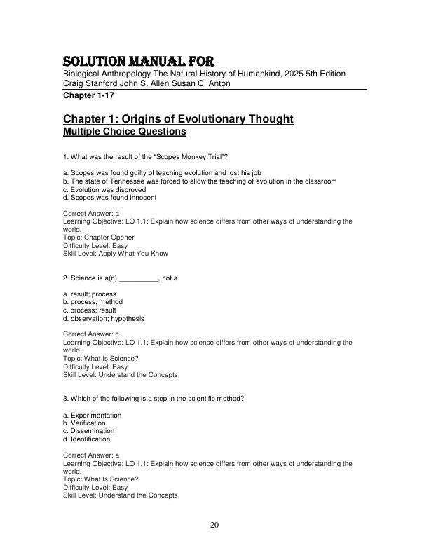 Test Bank For Biological Anthropology The Natural History of Humankind, 2025 5th Edition by Craig Stanford John S. Allen Susan C. Anton Chapter 1-17.pdf