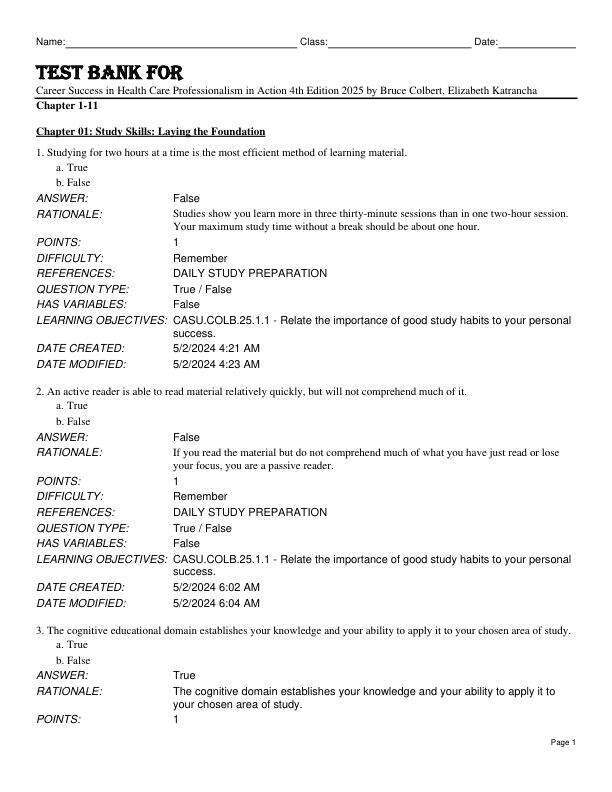 Test Bank For Career Success in Health Care Professionalism in Action 4th Edition 2025 by Bruce Colbert, Elizabeth Katrancha Chapter 1-11.pdf
