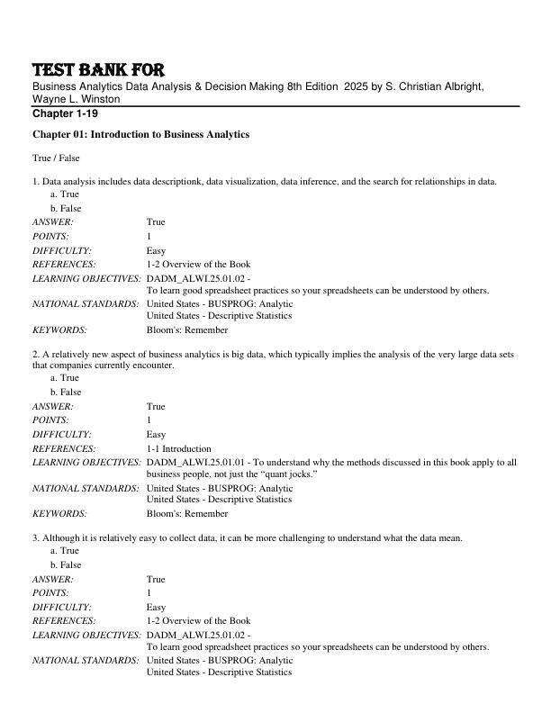 Test Bank For Business Analytics Data Analysis & Decision Making 8th Edition 2025 by S. Christian Albright, Wayne L. Winston Chapter 1-19.pdf