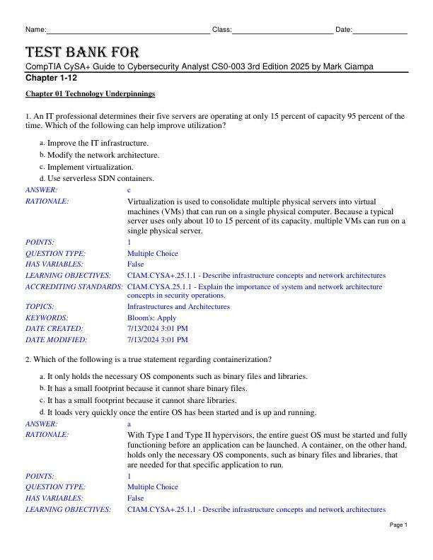 Test Bank For CompTIA CySA+ Guide to Cybersecurity Analyst (CS0-003) 3rd Edition 2025 by Mark Ciampa Chapter 1-12.pdf