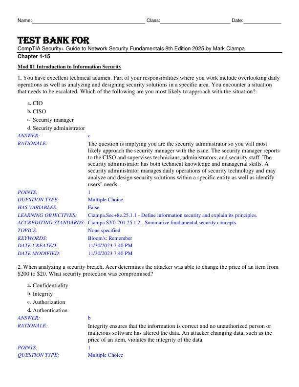 Test Bank For CompTIA Security+ Guide to Network Security Fundamentals 8th Edition by 2025 by Mark Ciampa Chapter 1-15.pdf