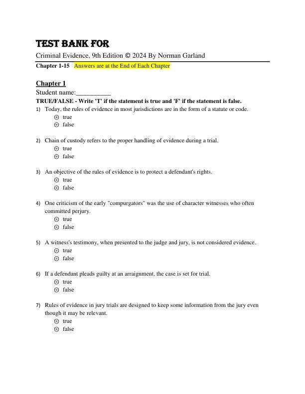 Test Bank For Criminal Evidence, 9th Edition © 2024 By Norman Garland Chapter 1-15.pdf