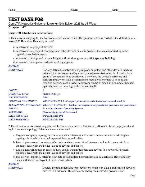 Test Bank For CompTIA Network+ Guide to Networks 10th Edition 2025 by Jill West Chapter 1-12.pdf