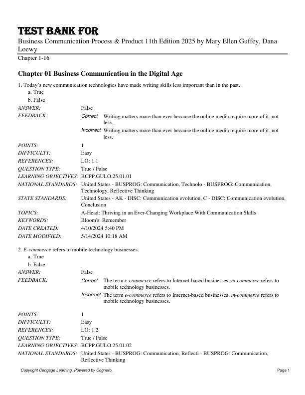 Test Bank For Business Communication Process & Product 11th Edition 2025 by Mary Ellen Guffey, Dana Loewy Chapter 1-16.pdf