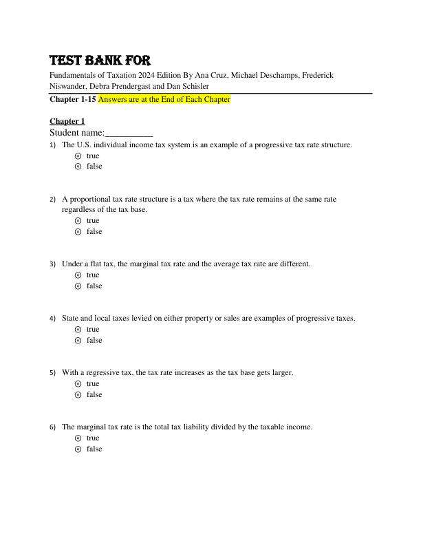 Test Bank For Fundamentals of Taxation 2024 Edition By Ana Cruz, Michael Deschamps, Frederick Niswander, Debra Prendergast and Dan Schisler Chapter 1-15.pdf