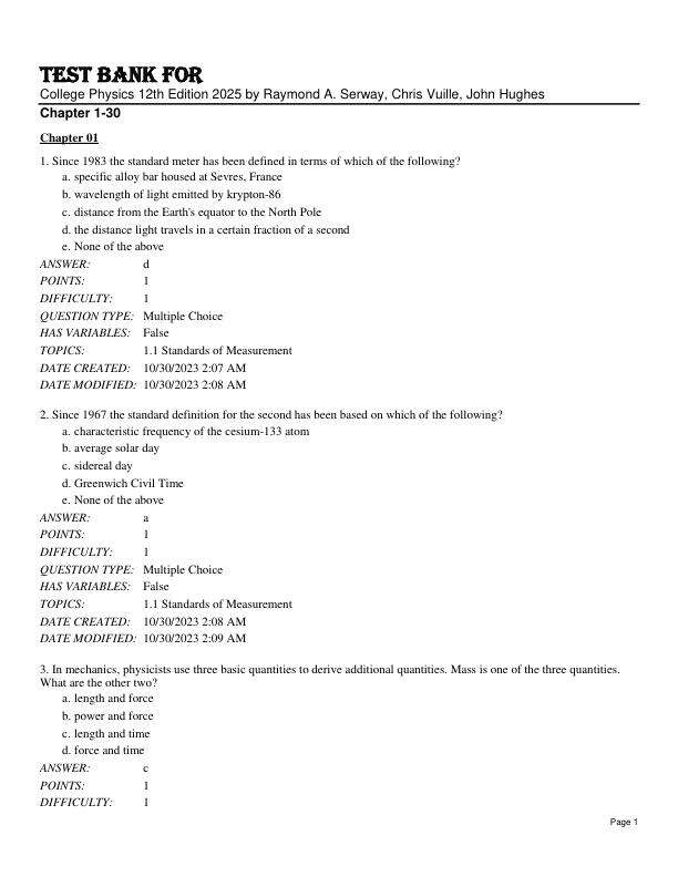 Test Bank For College Physics 12th Edition 2025 by Raymond A. Serway, Chris Vuille, John Hughes Chapter 1-30.pdf