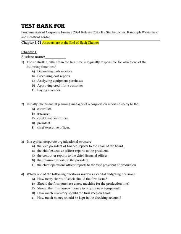 Test Bank For Fundamentals of Corporate Finance 2024 Release 2025 By Stephen Ross, Randolph Westerfield and Bradford Jordan Chapter 1-27.pdf