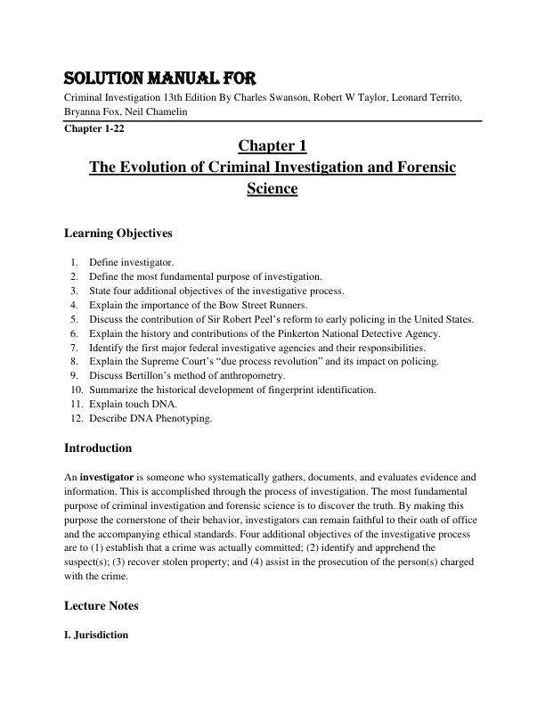 Solution Manual For Criminal Investigation 13th Edition By Charles Swanson, Robert W Taylor, Leonard Territo, Bryanna Fox, Neil Chamelin Chapter 1-22.pdf