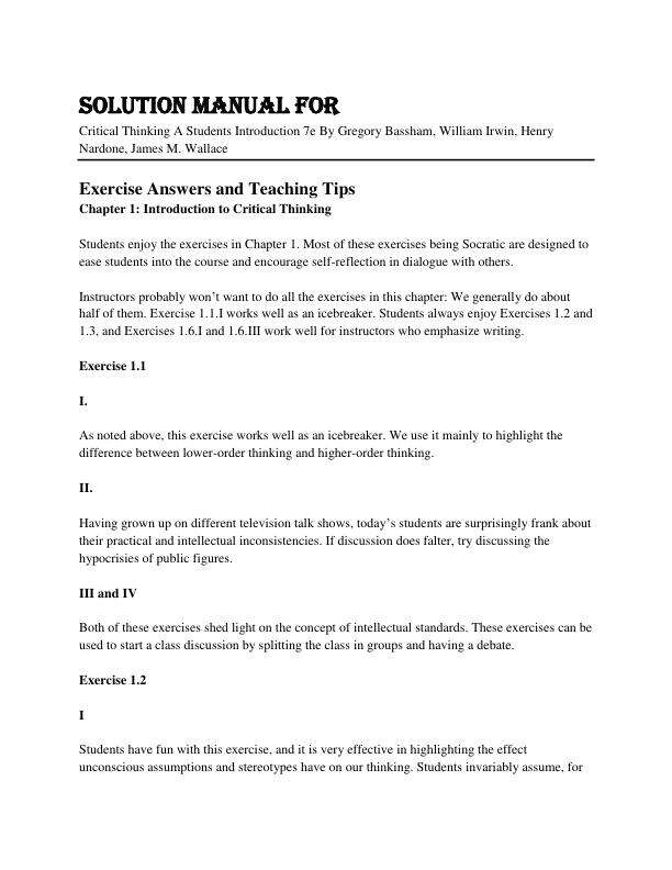 Solution Manual For Critical Thinking A Students Introduction 7th Edition By Gregory Bassham, William Irwin, Henry Nardone, James M. Wallace .pdf