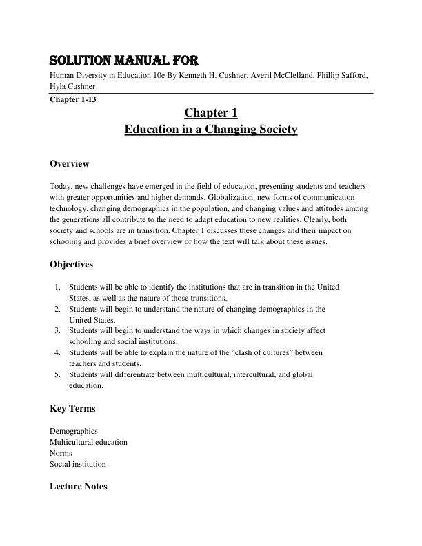 Solution Manual For Human Diversity in Education 10th Edition By Kenneth H. Cushner, Averil McClelland, Phillip Safford, Hyla Cushner Chapter 1-13.pdf