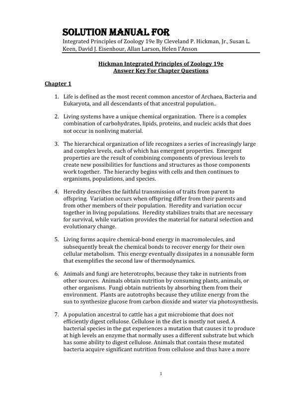 Solution Manual For Integrated Principles of Zoology 19th Editon By Cleveland P. Hickman, Jr., Susan L. Keen, David J. Eisenhour, Allan Larson, Helen I'Anson.pdf