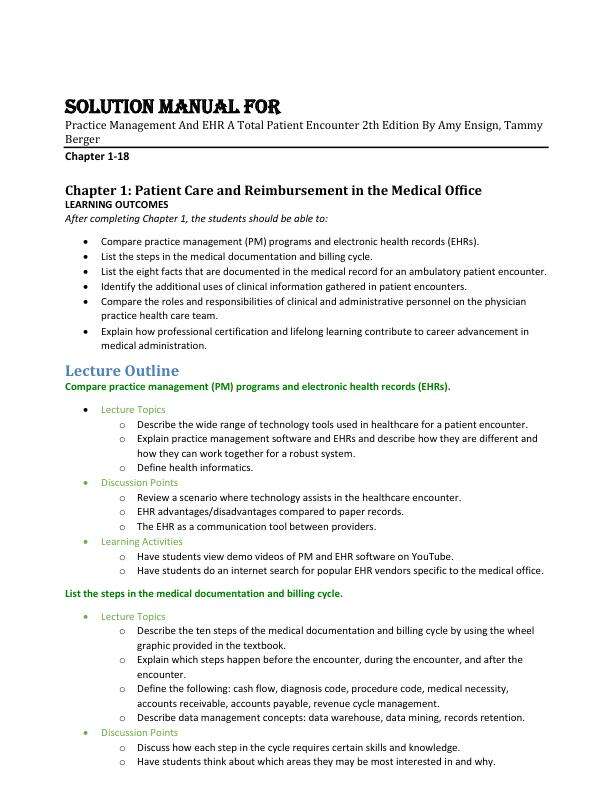 Solution Manual For Practice Management And EHR A Total Patient Encounter 2th Edition By Amy Ensign, Tammy Berger Chapter 1-18.pdf