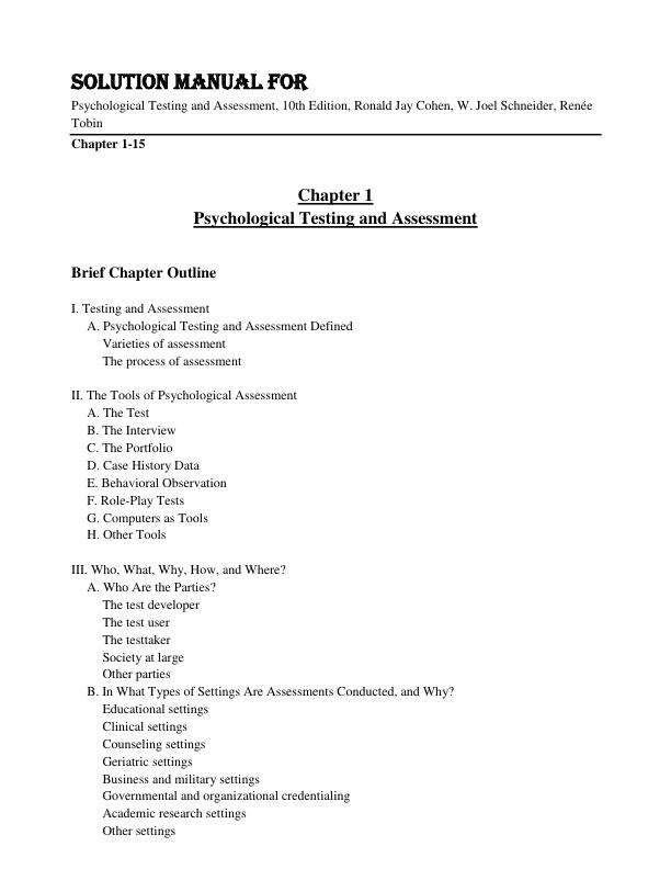 Solution Manual For Psychological Testing and Assessment, 10th Edition by Ronald Jay Cohen, W. Joel Schneider, Renée Tobin Chapte 1-15.pdf