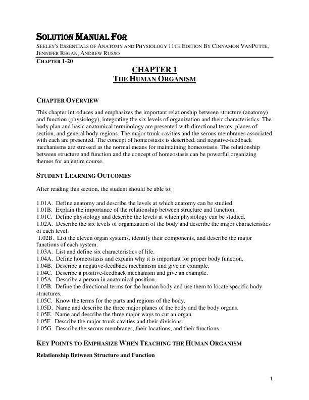 Solution Manual For Seeley's Essentials of Anatomy and Physiology 11th Edition By Cinnamon VanPutte, Jennifer Regan, Andrew Russo Chapter 1-20 With Appendix.pdf