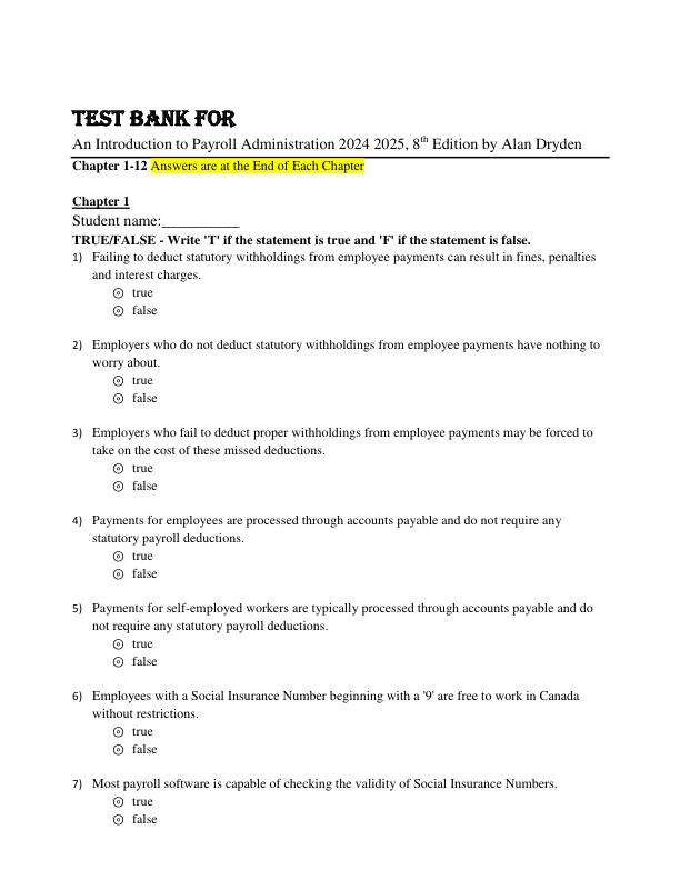 Test Bank For An Introduction to Payroll Administration 2024 2025, 8th Edition by Alan Dryden Chapter 1-12.pdf