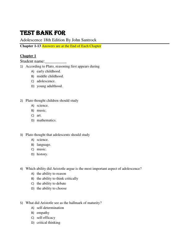 Test Bank For Adolescence 18th Edition By John Santrock Chapter 1-13.pdf