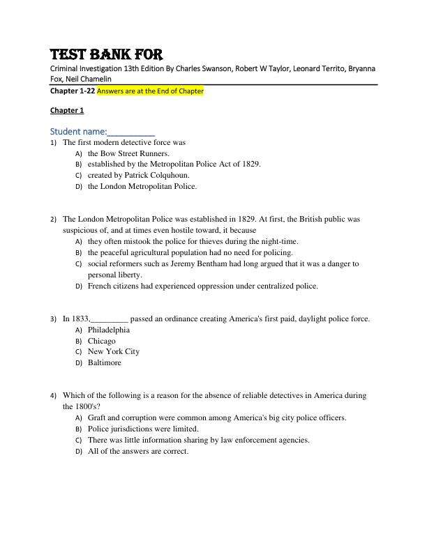 Test Bank For Criminal Investigation 13th Edition By Charles Swanson, Robert W Taylor, Leonard Territo, Bryanna Fox, Neil Chamelin Chapter 1-22.pdf