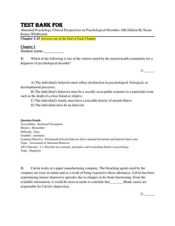 Test Bank For Abnormal Psychology Clinical Perspectives on Psychological Disorders 10th Edition By Susan Krauss Whitbourne Chapter 1-15.pdf