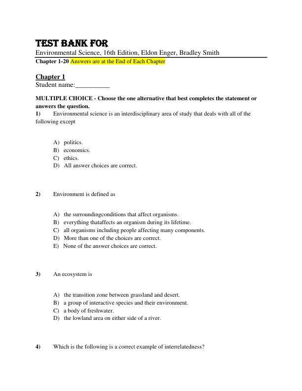 Test Bank For Environmental Science, 16th Edition by Eldon Enger, Bradley Smith Chapter 1-20.pdf