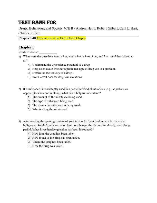 Test Bank For Drugs, Behaviour, and Society 4th Canadian Edition By Andrea Hebb, Robert Gilbert, Carl L. Hart, Charles J. Ksir Chapter 1-18.pdf