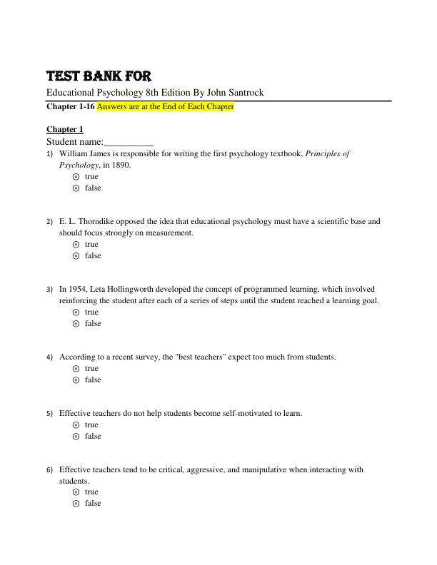 Test Bank For Educational Psychology 8th Edition By John Santrock Chapter 1-16.pdf