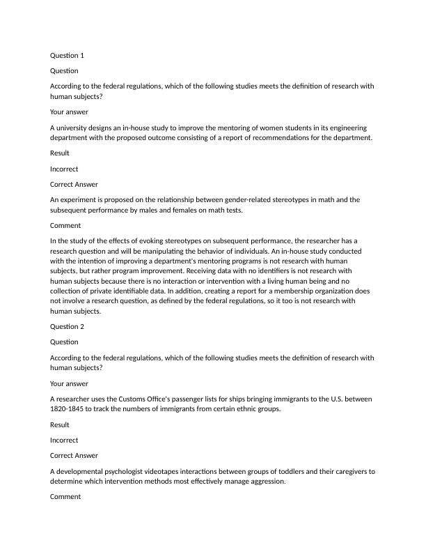 Citi Answers Question 1 According to the federal regulations, which of the following studies meets the definition of research with human subjects.pdf