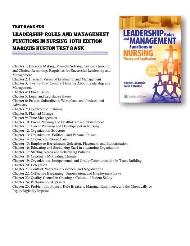 Test Bank for Leadership Roles and Management Functions in Nursing 10th Edition by Bessie L Marquis & Carol Huston Chapter 1-25 Complete Guide A+.pdf