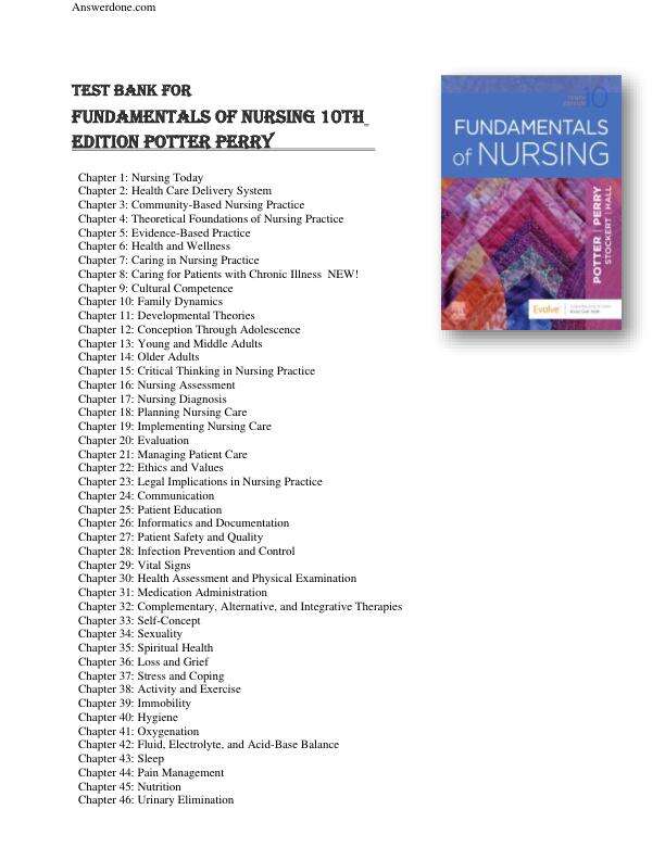 Test Bank for Fundamentals of Nursing 10th Edition Potter Perry Chapter 1-50 Complete Guide A+.pdf