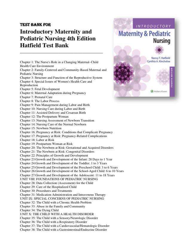 Test Bank for Introductory Maternity and Pediatric Nursing 4th Edition Hatfield Chapter 1-42 Complete Guide A+.pdf