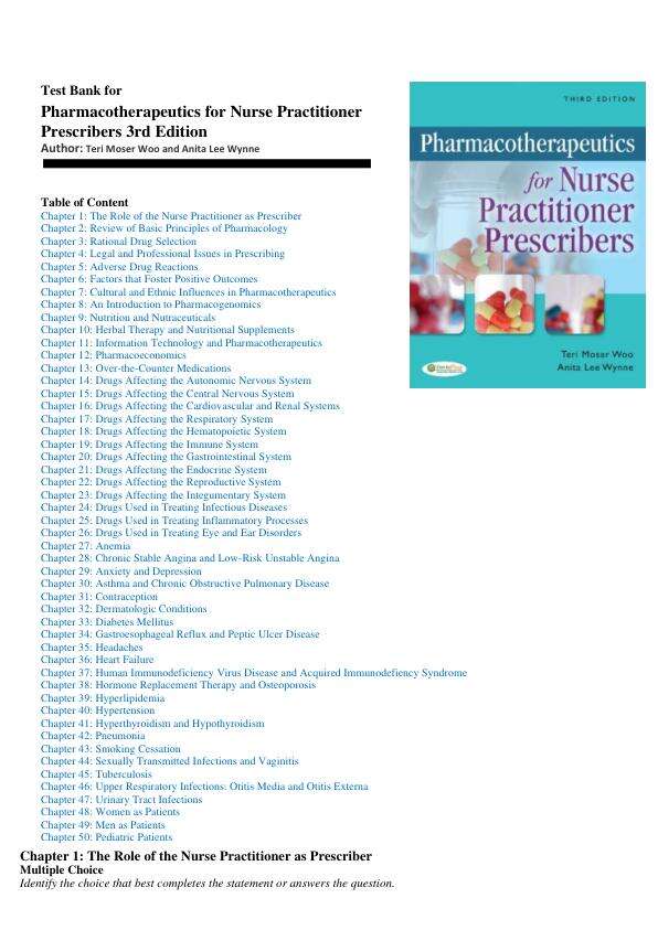 Test Bank for Pharmacotherapeutics for Nurse Practitioner Prescribers 3rd Edition by Woo.pdf