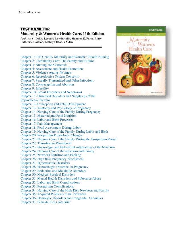 Test Bank for Maternity and Women's Health Care 11th Edition Lowdermilk Chapters 1-37 Complete Guide A+.pdf