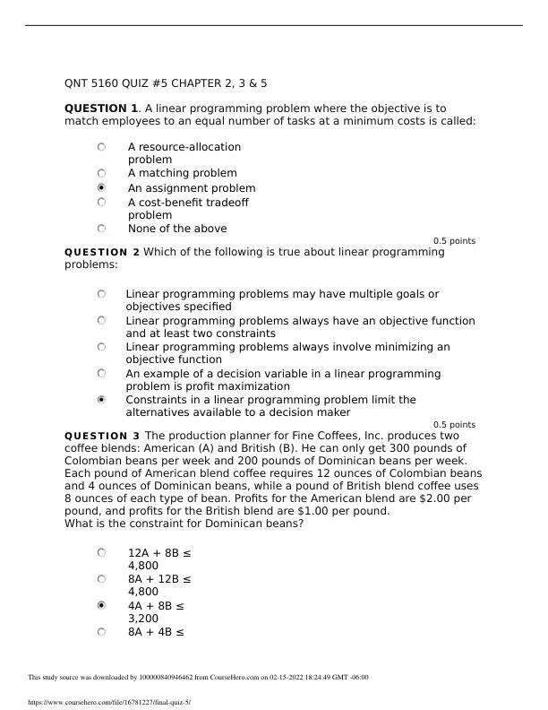 QNT 5160 QUIZ #5 CHAPTER 2, 3 & 5, QNT 5160 final quiz 5