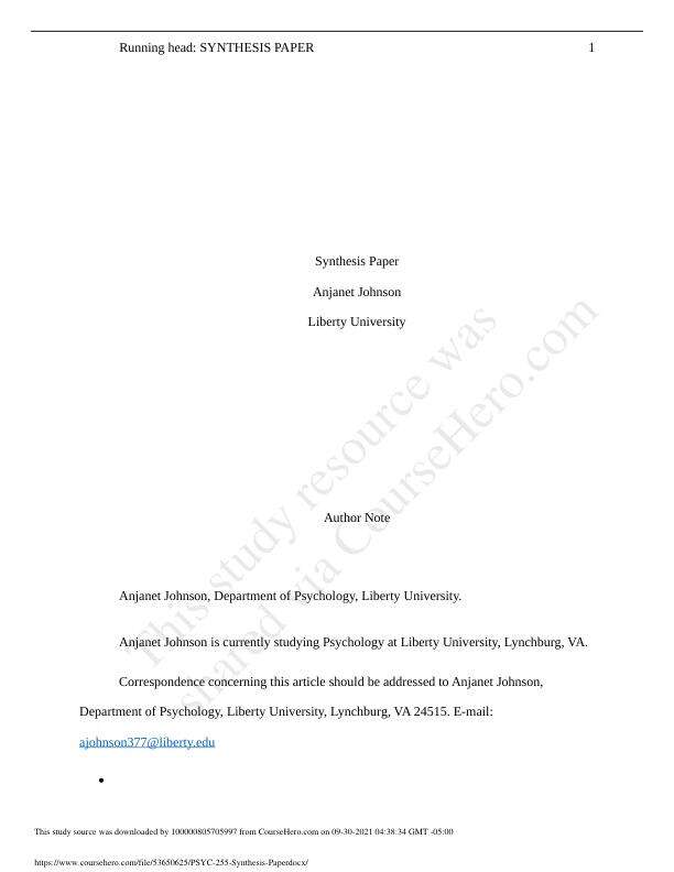 Liverty University PSYC255 Synthesis Paper.pdf