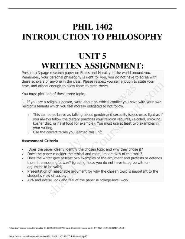 PHIL 1402 INTRODUCTION TO PHILOSOPHY UNIT 5 WRITTEN ASSIGNMENT.pdf