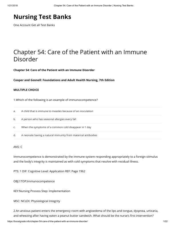 Chapter 54 Care of the Patient with an Immune Disorder Nursing Test Banks.pdf