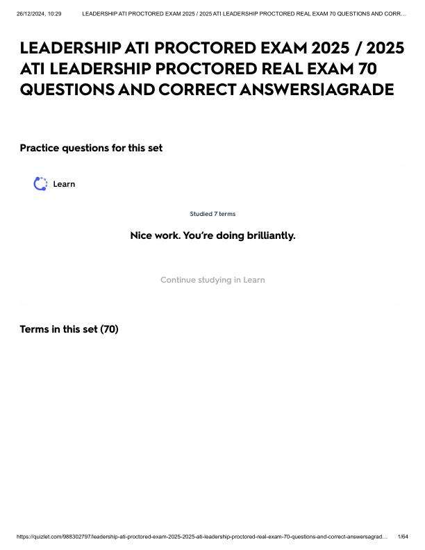 LEADERSHIP ATI PROCTORED EXAM 2025 _ 2025 ATI LEADERSHIP PROCTORED REAL EXAM 70 QUESTIONS AND CORRECT ANSWERS_AGRADE.pdf