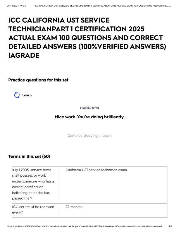 ICC CALIFORNIA UST SERVICE TECHNICIANPART 1 CERTIFICATION 2025 ACTUAL EXAM 100 QUESTIONS AND CORRECT DETAILED ANSWERS (100%VERIFIED ANSWERS) _AGRADE.pdf