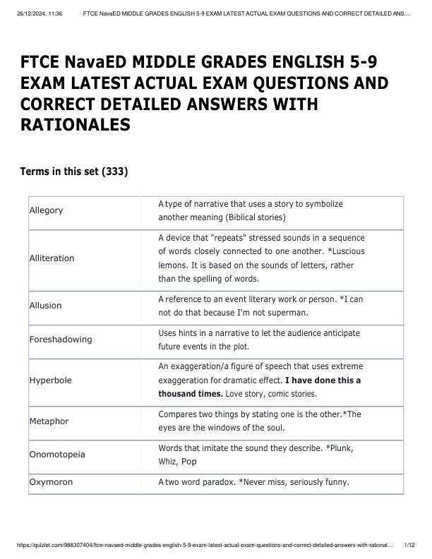 FTCE NavaED MIDDLE GRADES ENGLISH 5-9 EXAM LATEST ACTUAL EXAM QUESTIONS AND CORRECT DETAILED ANSWERS WITH RATIONALES.pdf