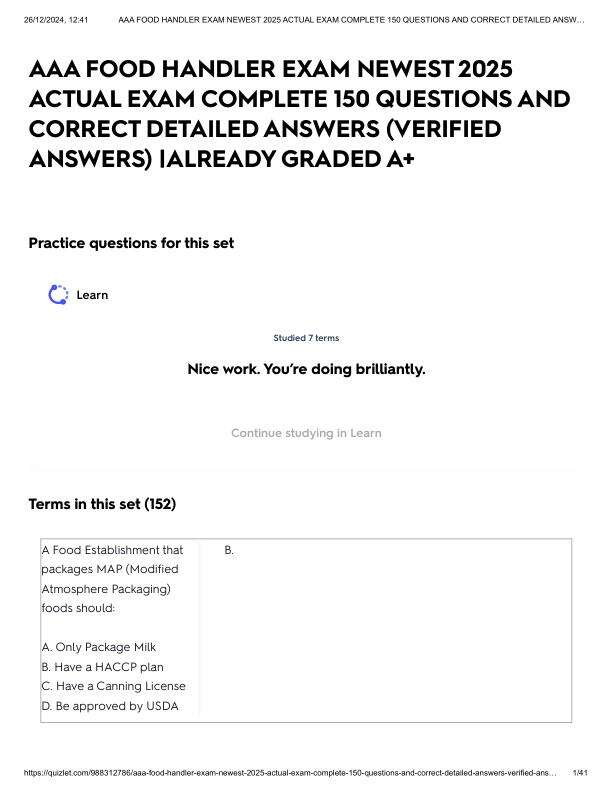 AAA FOOD HANDLER EXAM NEWEST 2025 ACTUAL EXAM COMPLETE 150 QUESTIONS AND CORRECT DETAILED ANSWERS (VERIFIED ANSWERS) _ALREADY GRADED A+.pdf