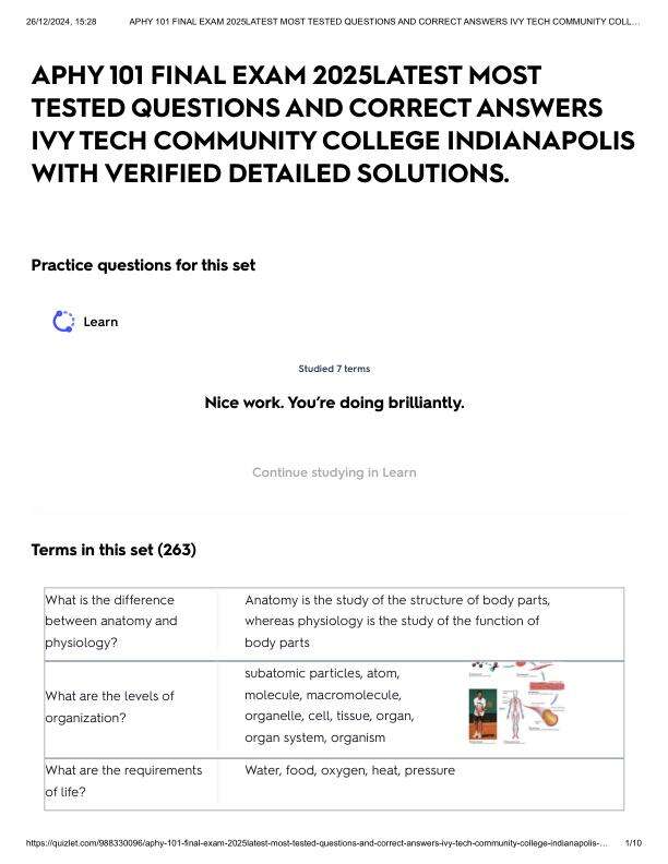 APHY 101 FINAL EXAM 2025LATEST MOST TESTED QUESTIONS AND CORRECT ANSWERS IVY TECH COMMUNITY COLLEGE INDIANAPOLIS WITH VERIFIED DETAILED SOLUTIONS.pdf